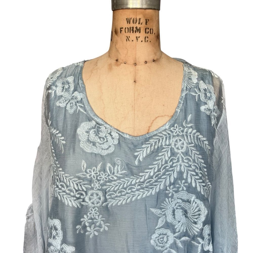 Pretty Angel Light Blue Embroidered Silk Blend Tunic Size L - Picture 4 of 8